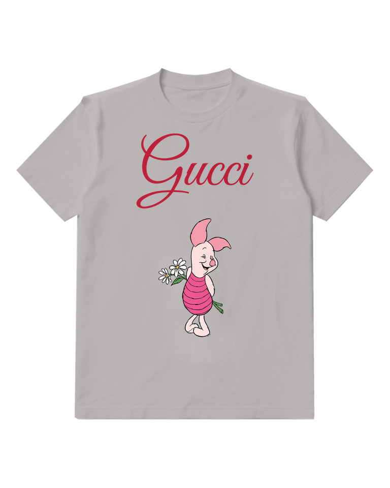 Gray Piglet White Flower Bouquet Graphic T-Shirt - front product view