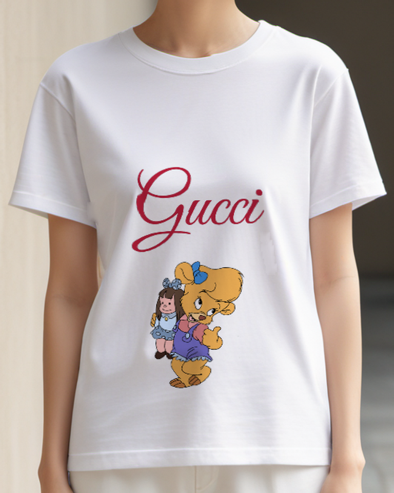 White Molly Bear Holds Doll Companion Graphic T-Shirt - model wearing view