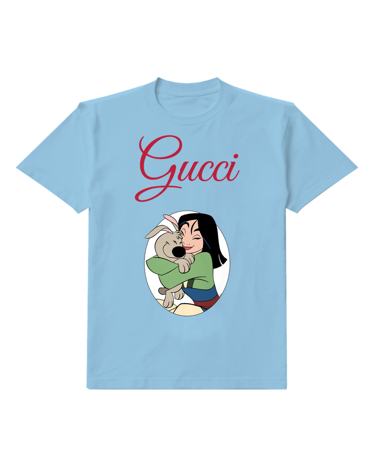 Sky Blue Mulan Hugs A Small Dog Graphic T-Shirt - front product view