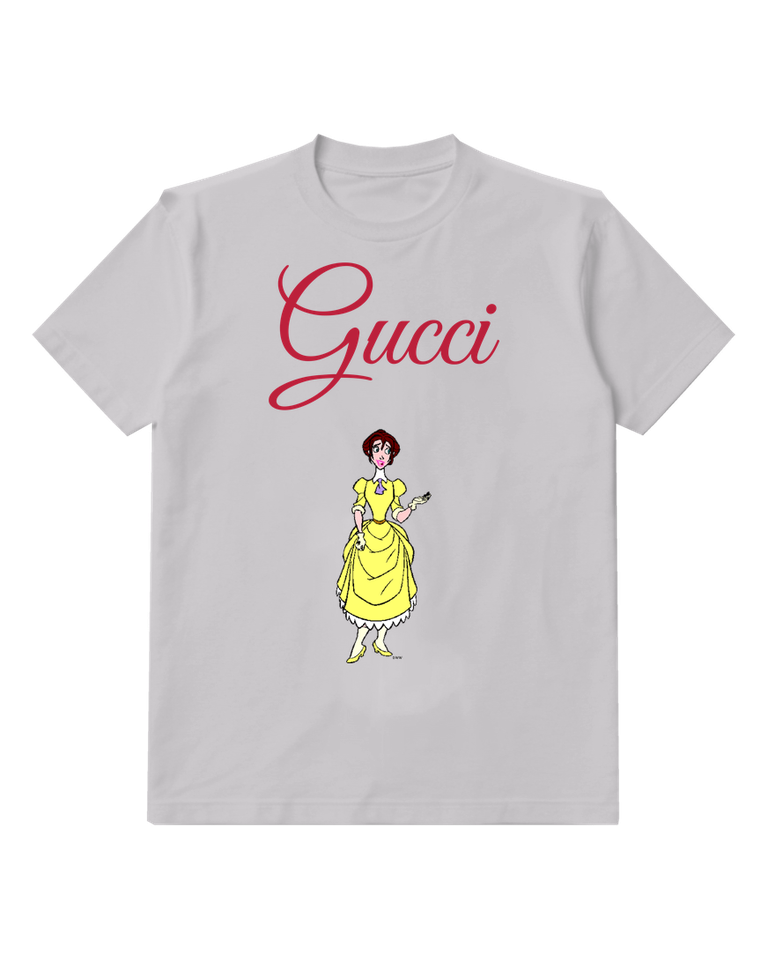 Light Gray Cartoon Woman In Yellow Dress Graphic T-Shirt - front product view