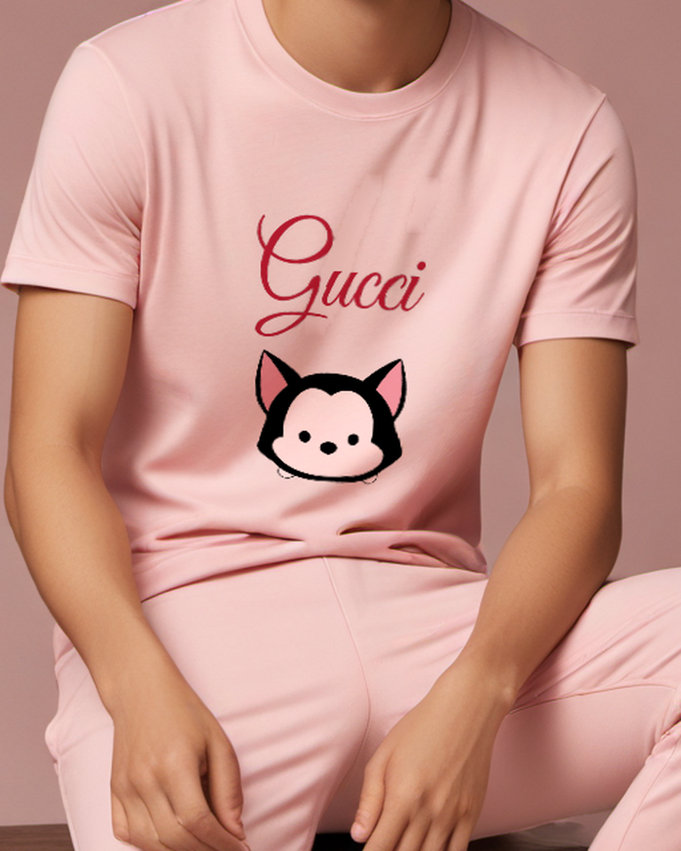 Blush Pink Black Cat Face Graphic T-Shirt - model wearing view