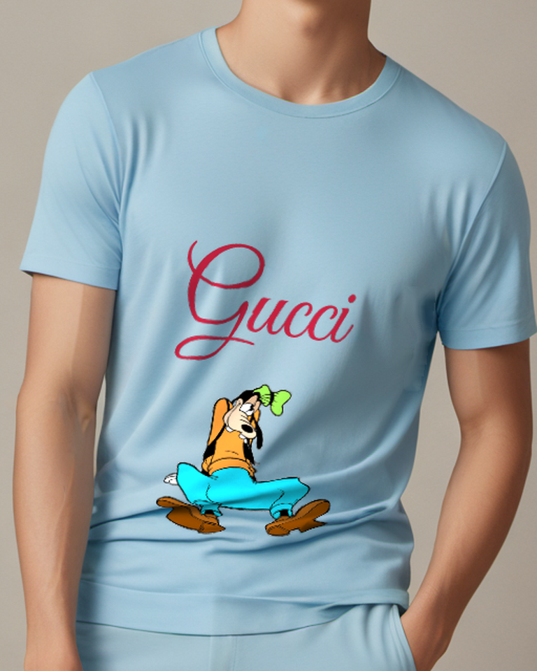 Sky Blue Tired Goofy Sitting Slumped Graphic T-Shirt - model wearing view