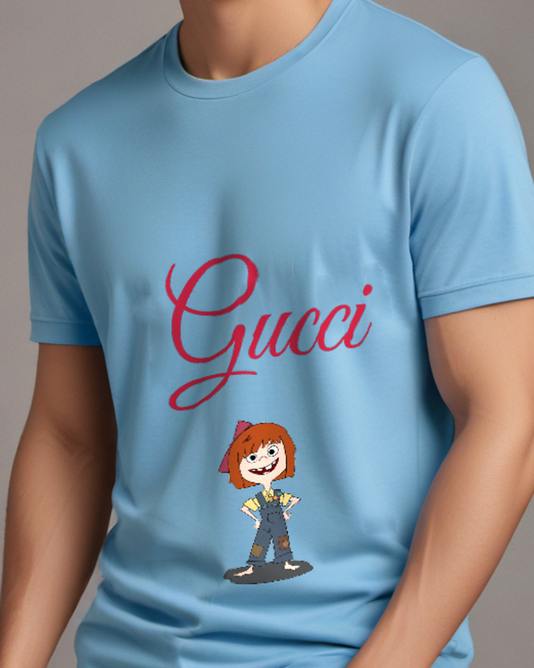 Dusty Blue Red Haired Girl Dark Trousers Graphic T-Shirt - model wearing view