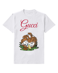 White Two Dalmatian Puppies Resting Beside A Duckling Graphic T-Shirt - front product view