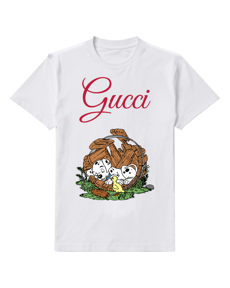 White Two Dalmatian Puppies Resting Beside A Duckling Graphic T-Shirt - front product view