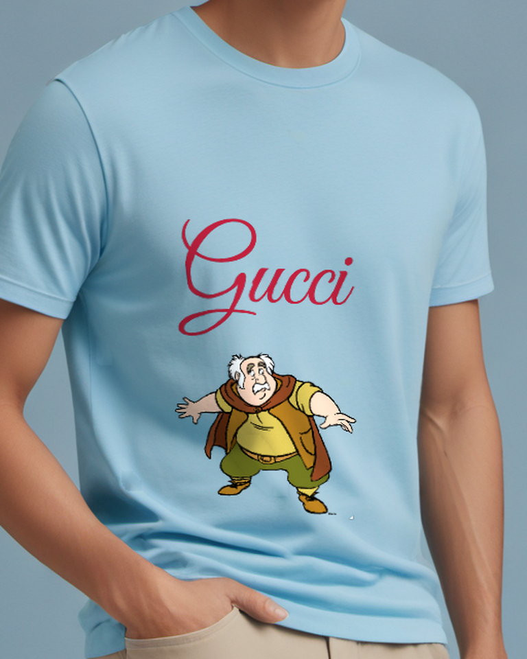 Sky Blue Frightened Man In Startled Stance Graphic T-Shirt - model wearing view