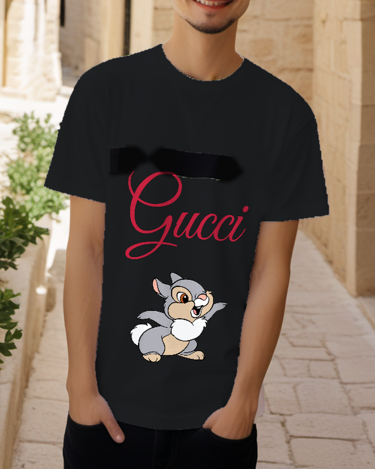 Black Smiling Gray Rabbit Graphic T-Shirt - styled view 4