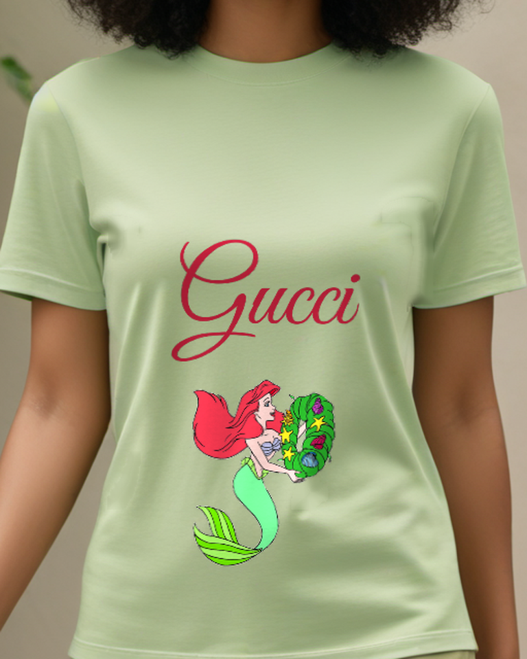 Olive Green Ariel Holding A Wreath Graphic T-Shirt - model wearing view