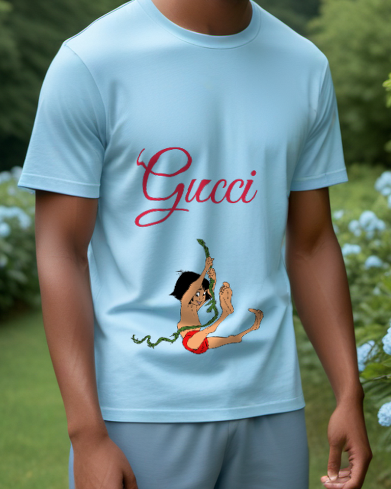 Sky Blue Jungle Boy Swinging On Vine Graphic T-Shirt - model wearing view