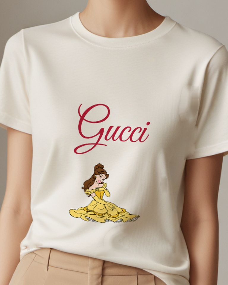 Light Gray Belle In Yellow Gown Seated Gracefully Graphic T-Shirt - model wearing view