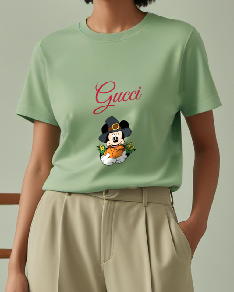 Sage Green Harvest Pilgrim Mouse Graphic T-Shirt - model wearing view