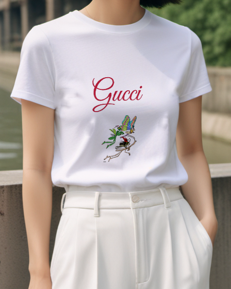White Three Insects On Twig Flying Together Graphic T-Shirt - model wearing view