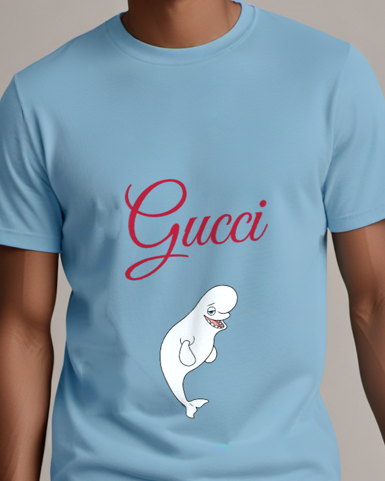 Sky Blue Smiling Whale Like Creature Graphic T-Shirt - model wearing view