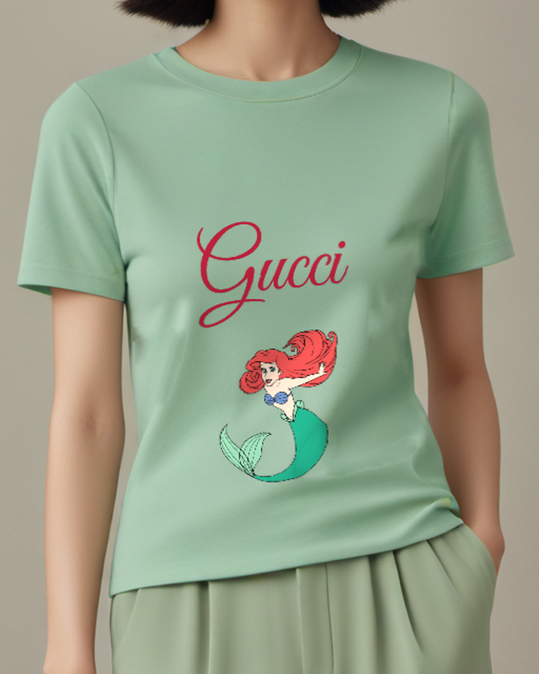 Sage Green Red Haired Mermaid Swimming Forward Graphic T-Shirt - model wearing view
