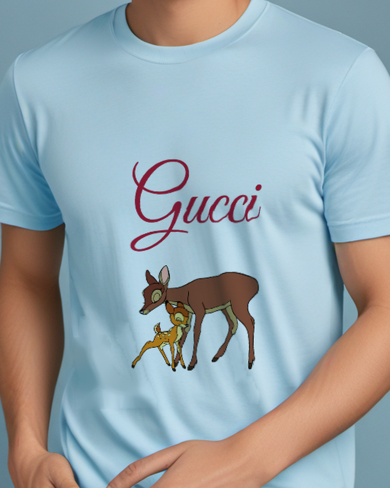 Sky Blue Doe And Young Fawn Graphic T-Shirt - model wearing view