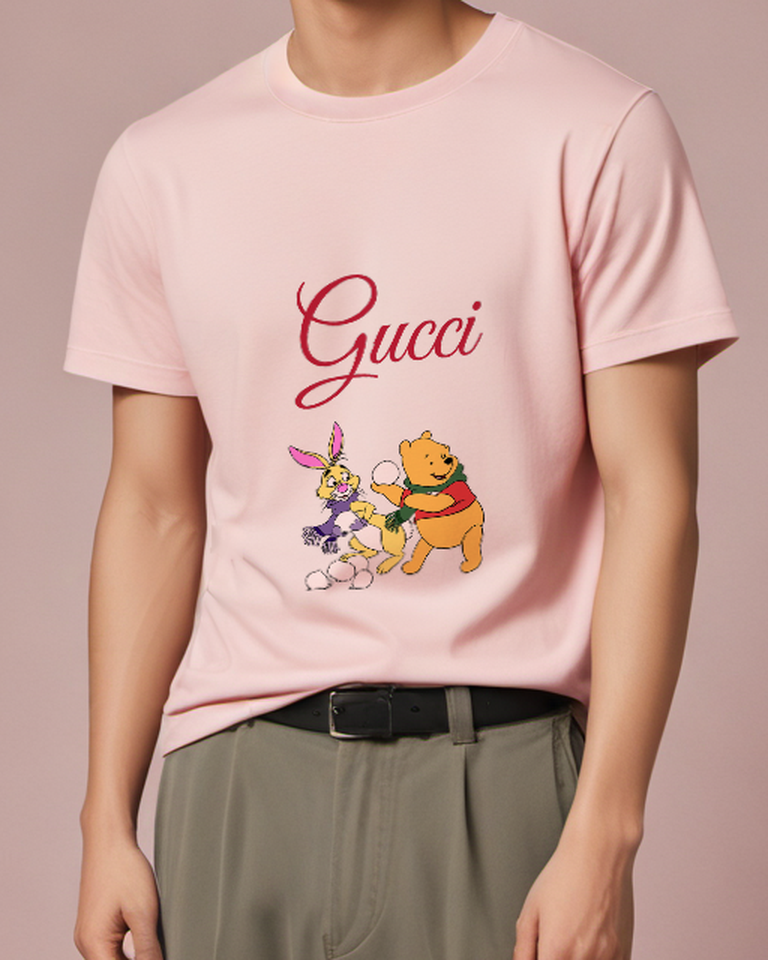 Blush Pink Bear Rabbit Snowballs Graphic T-Shirt - model wearing view