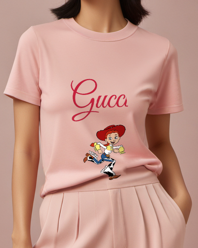 Blush Pink Jessie Running In Cowboy Outfit Graphic T-Shirt - model wearing view