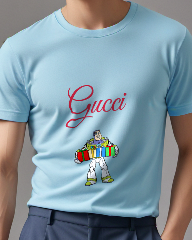 Sky Blue Buzz Lightyear Holding Gift Boxes Graphic T-Shirt - model wearing view