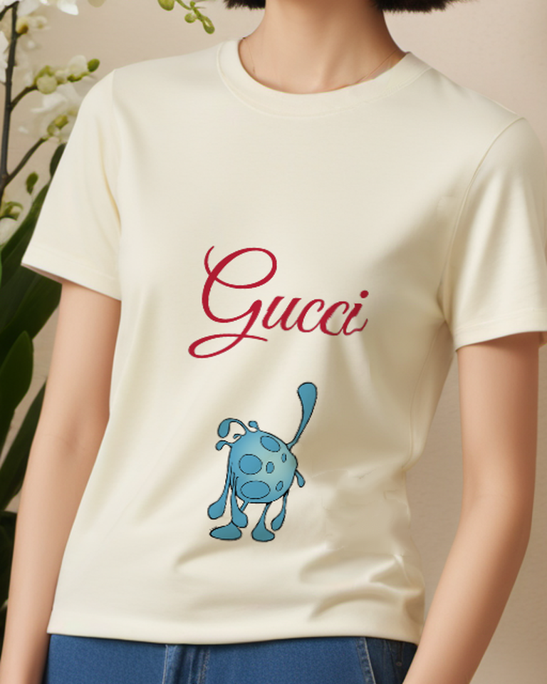 Ivory Blue Spotted Creature Standing Upright Graphic T-Shirt - model wearing view