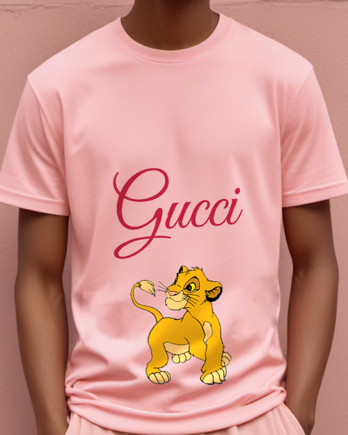 Blush Pink Lion Cub Raised Paw Greeting Graphic T-Shirt - model wearing view