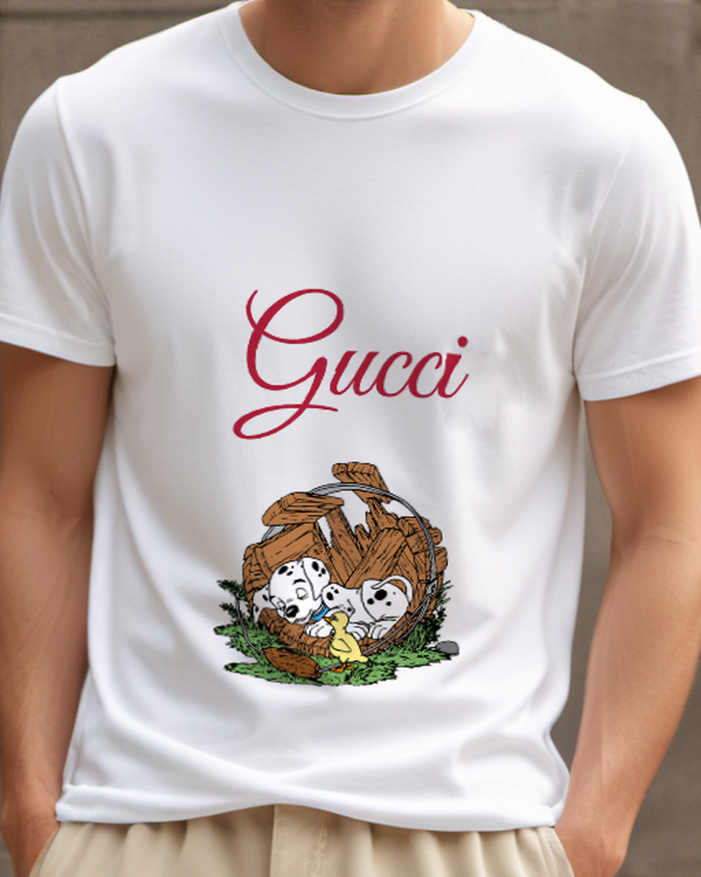 White Two Dalmatian Puppies Resting Beside A Duckling Graphic T-Shirt - model wearing view