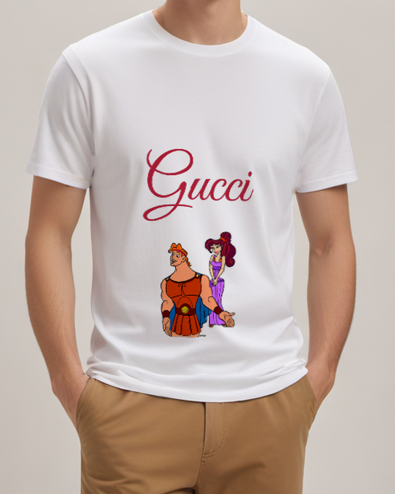White Hercules And A Woman In Purple Graphic T-Shirt - model wearing view