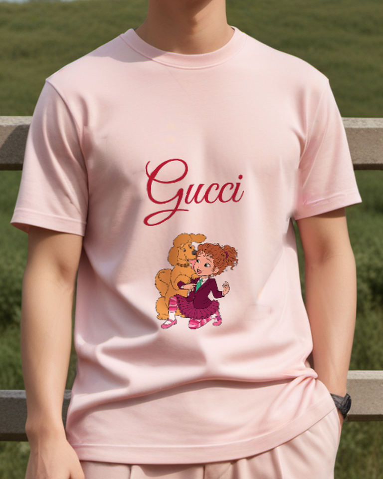 Blush Pink Girl With Curly Hair And Dog Graphic T-Shirt - model wearing view