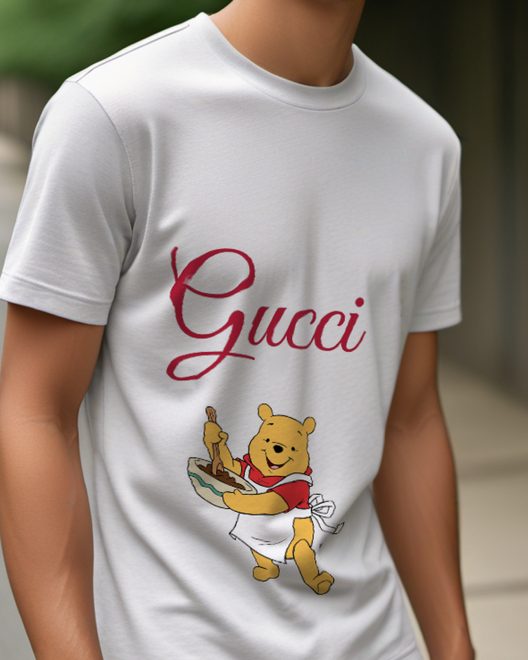 Light Gray Yellow Bear Carrying Green Platter Graphic T-Shirt - model wearing view