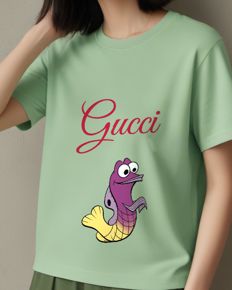 Sage Green Purple Fish With Yellow Tail Graphic T-Shirt - model wearing view