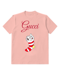 Blush Pink Dalmatian Puppy In Striped Stocking Graphic T-Shirt - front product view