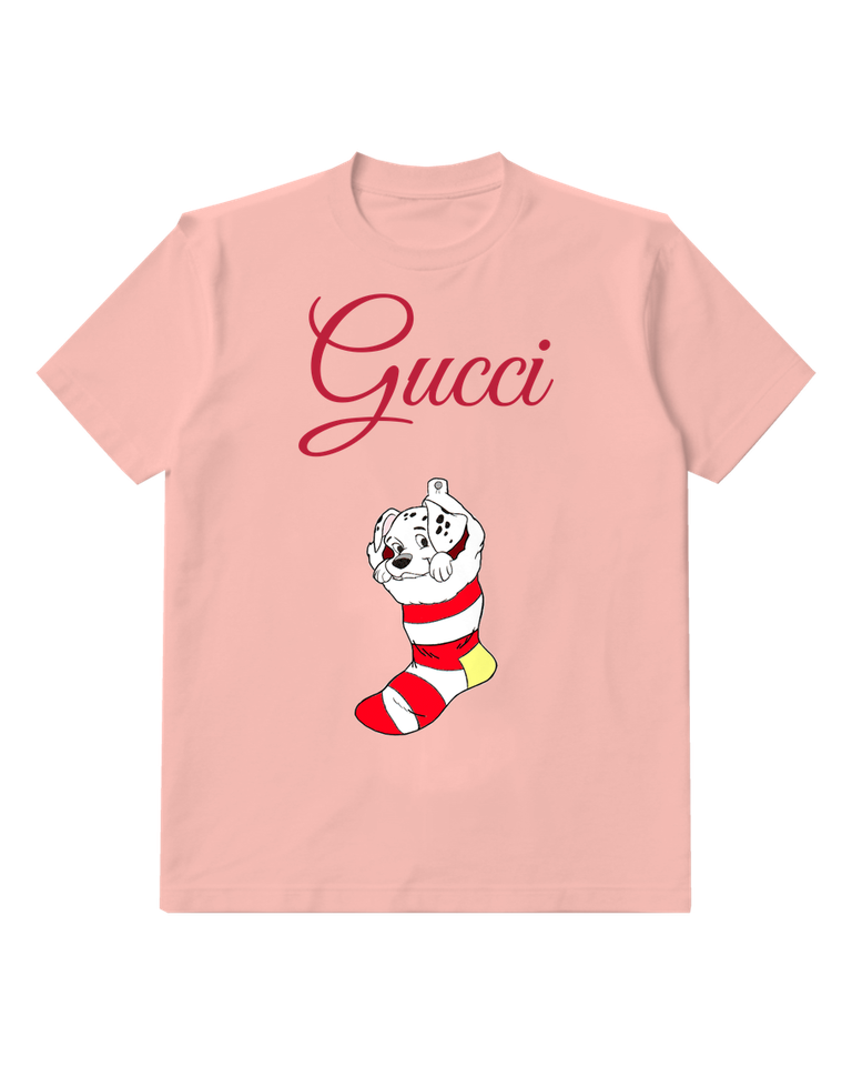 Blush Pink Dalmatian Puppy In Striped Stocking Graphic T-Shirt - front product view