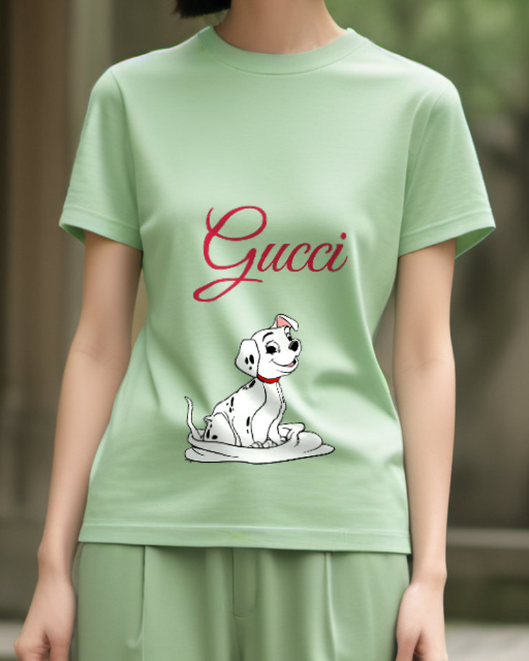 Sage Green Seated Spotted Puppy Crew Neck Graphic T-Shirt - model wearing view