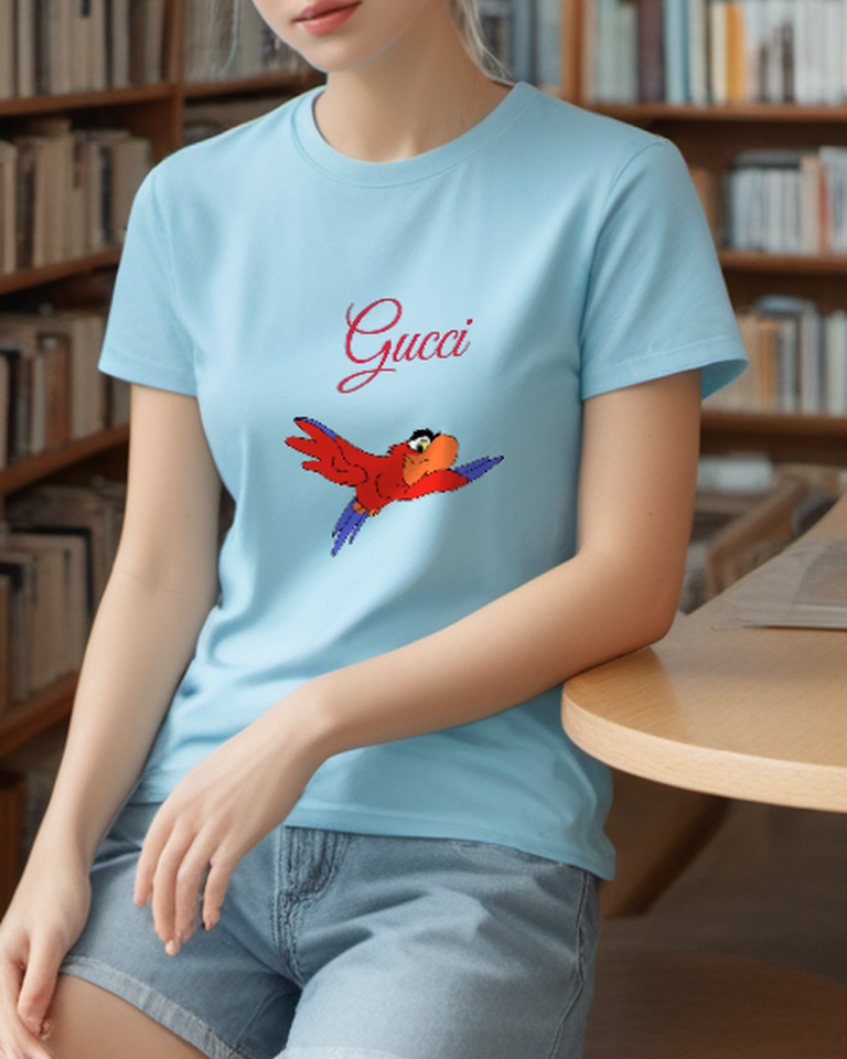 Sky Blue Gliding Red Parrot Graphic T-Shirt - styled view 1