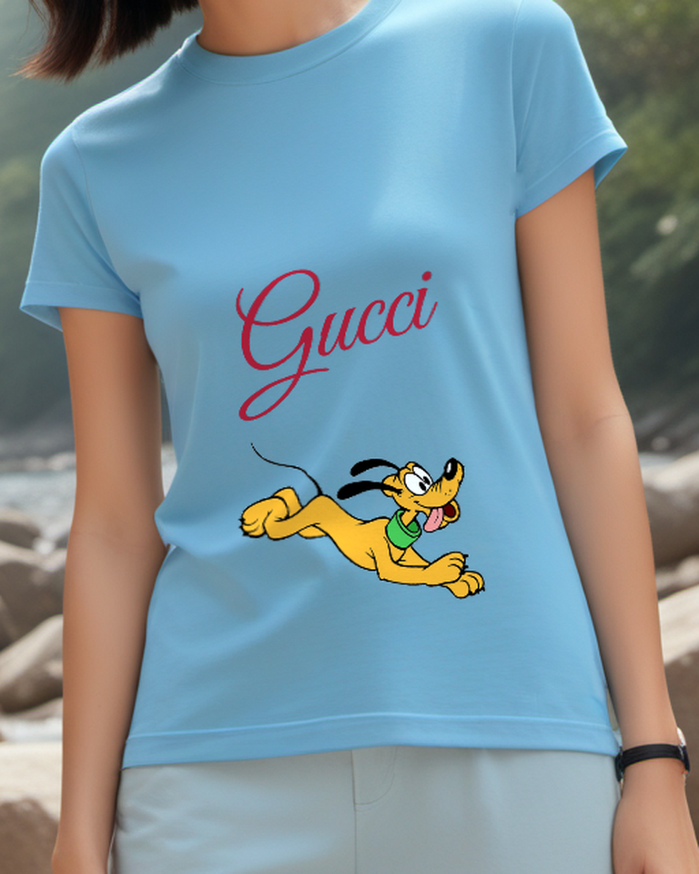 Dusty Blue Leaping Yellow Dog Green Collar Graphic T-Shirt - model wearing view