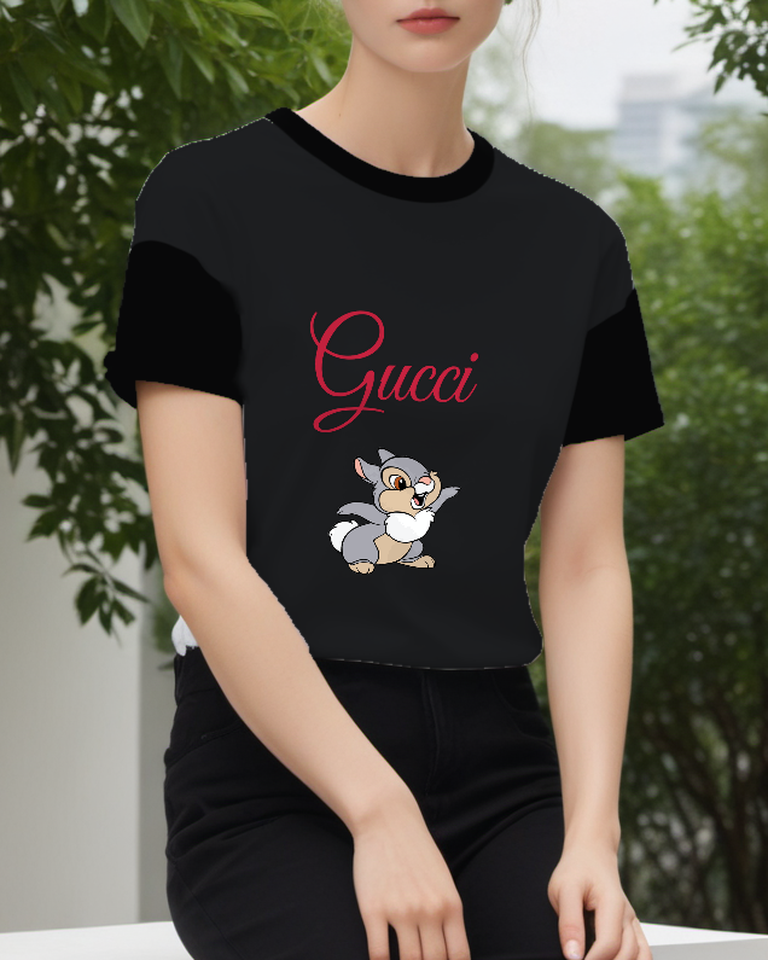 Black Smiling Gray Rabbit Graphic T-Shirt - styled view 5