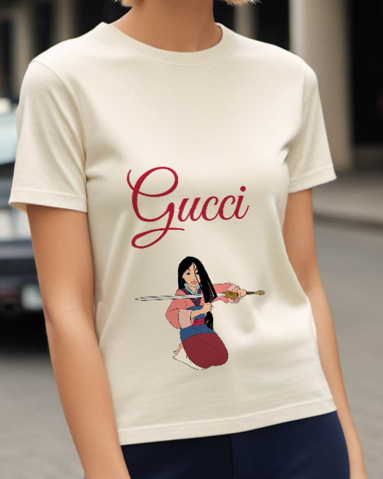 Ivory Mulan Kneeling With Sword Graphic T-Shirt - model wearing view