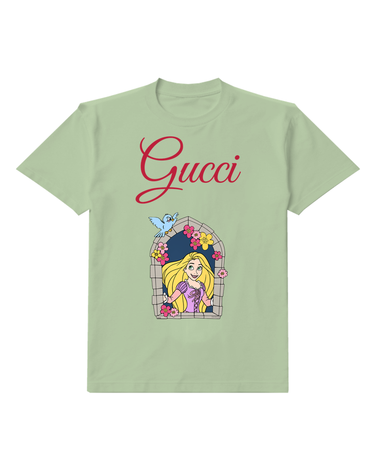 Sage Green Rapunzel Smiles From Arched Window Graphic T-Shirt - front product view