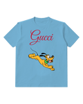 Dusty Blue Leaping Yellow Dog Green Collar Graphic T-Shirt - front product view