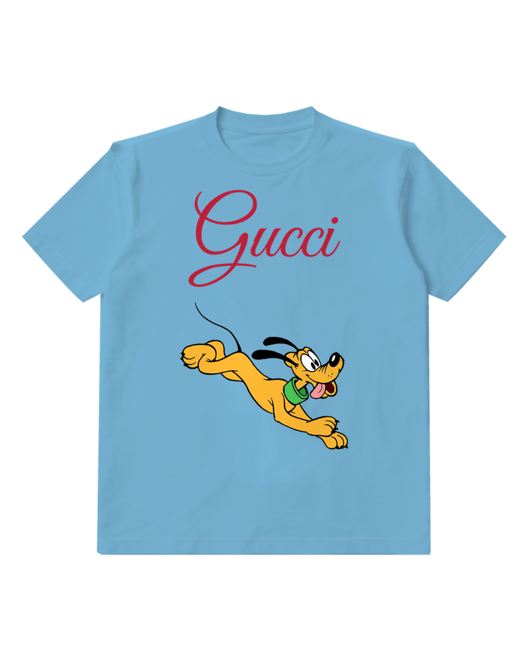 Dusty Blue Leaping Yellow Dog Green Collar Graphic T-Shirt - front product view