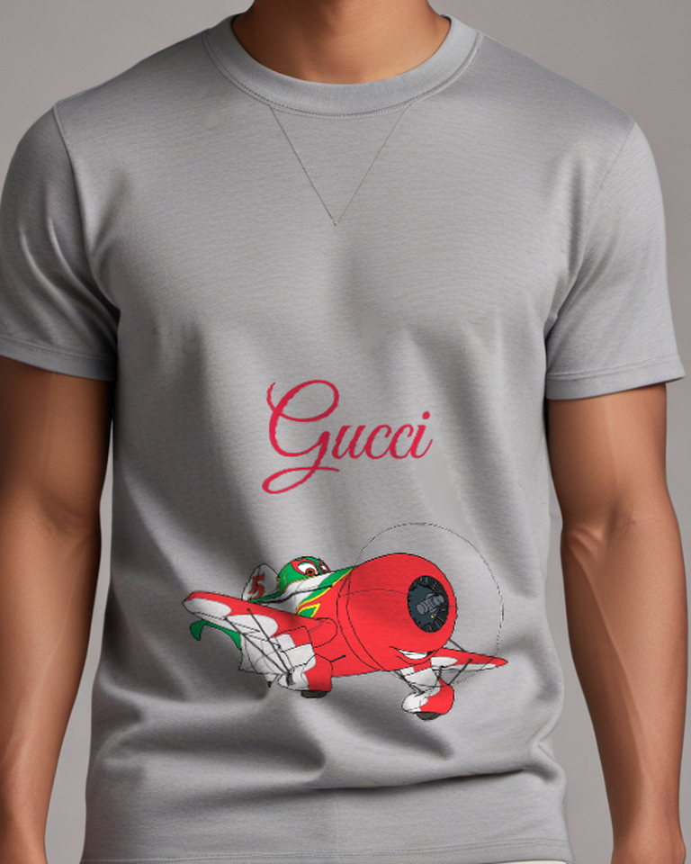 Gray Red Airplane With Green Accents Graphic T-Shirt - model wearing view