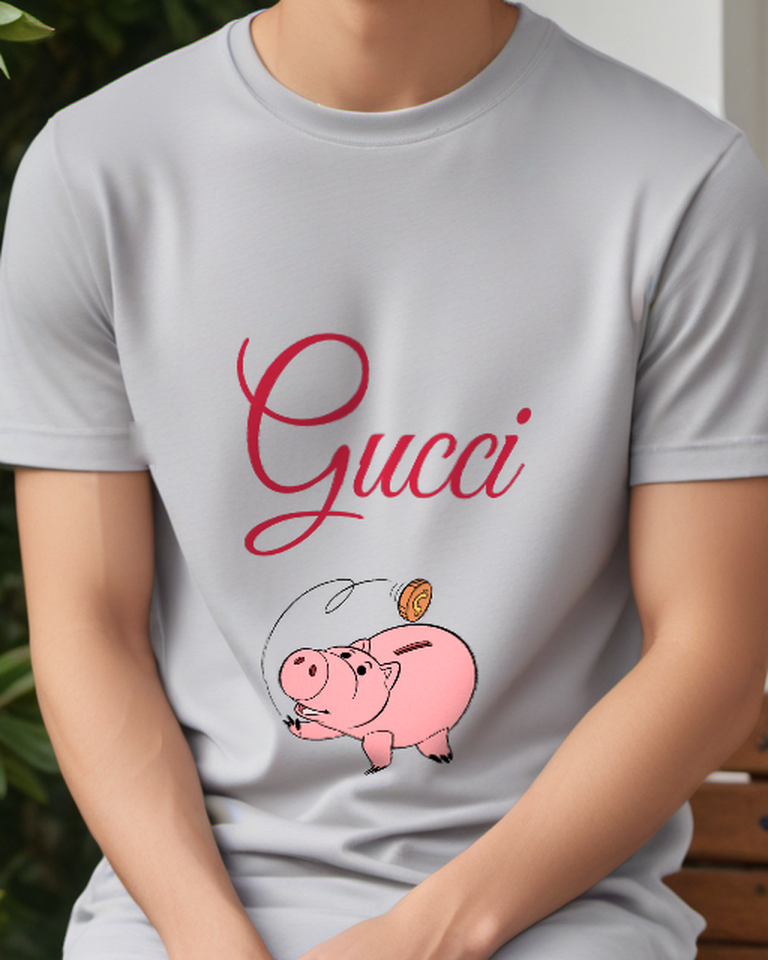 Light Gray Pink Pig And Floating Coin Graphic T-Shirt - model wearing view