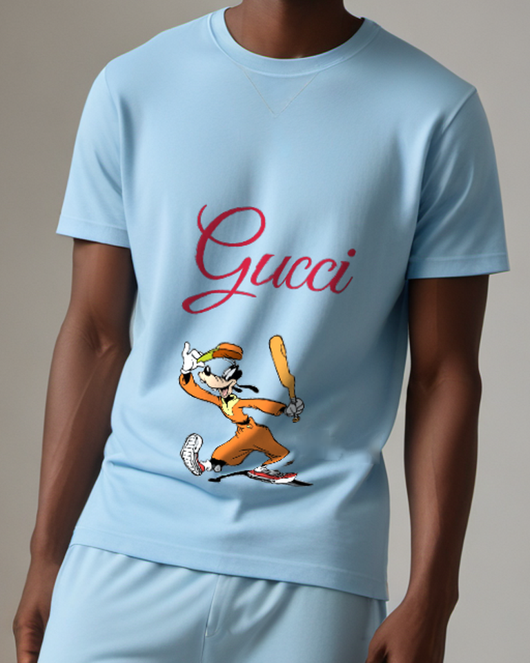 Sky Blue Baseball Player In Orange Uniform Graphic T-Shirt - model wearing view