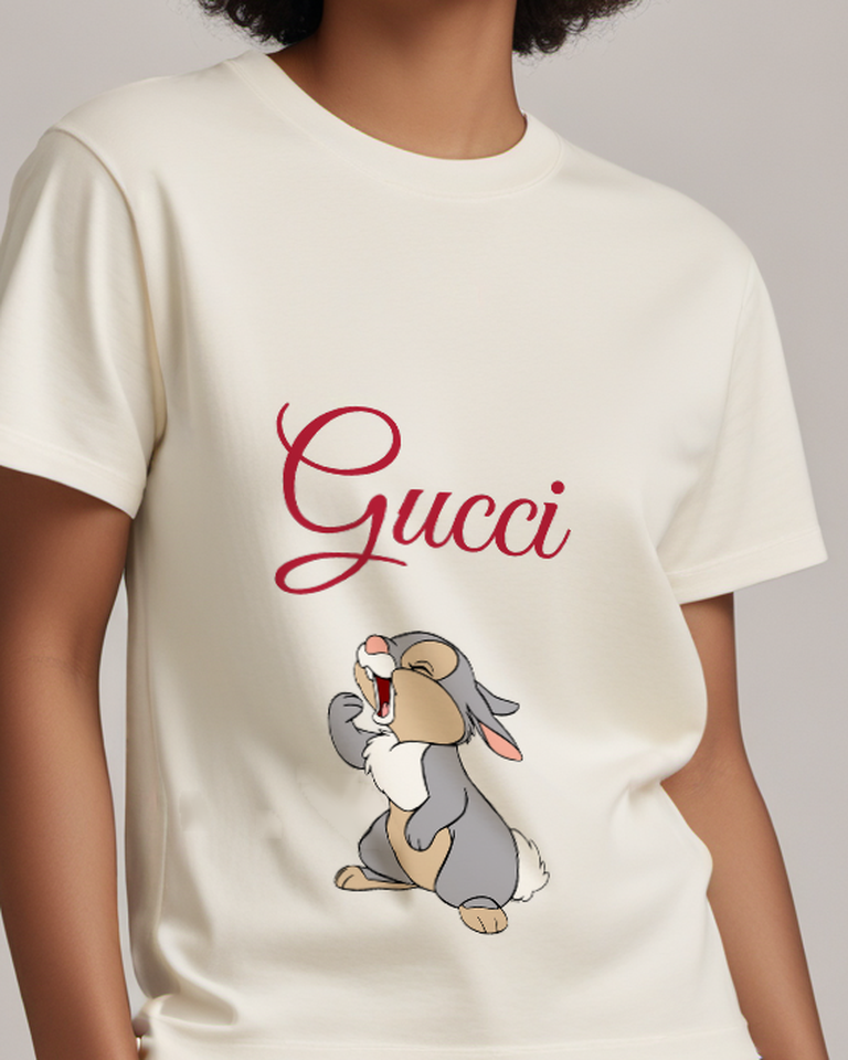 White Gray Rabbit Upward Gaze Graphic T-Shirt - model wearing view