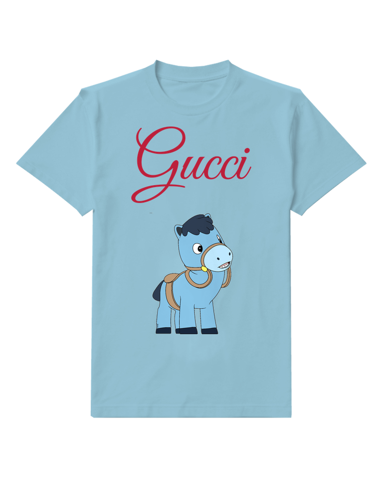 Sky Blue Blue Cartoon Horse Wearing Bridle Graphic T-Shirt - front product view