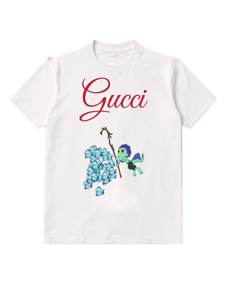 White Luca Herds Blue Fish With Staff Graphic T-Shirt - front product view