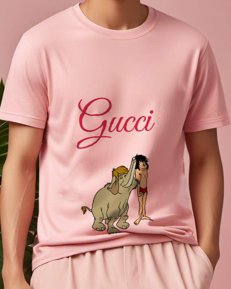 Blush Pink Mowgli Stands Beside Elephant Graphic T-Shirt - model wearing view