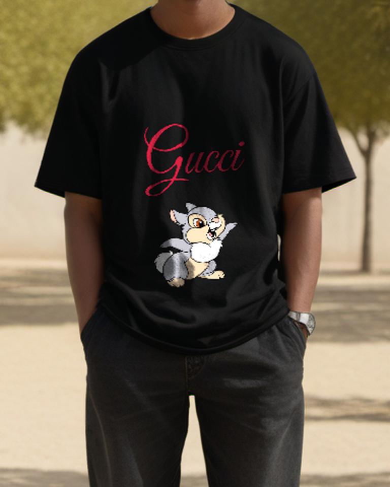 Black Smiling Gray Rabbit Graphic T-Shirt - styled view 2