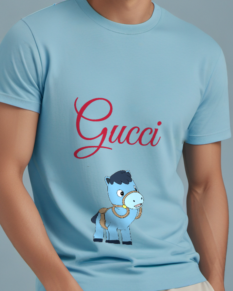 Sky Blue Blue Cartoon Horse Wearing Bridle Graphic T-Shirt - model wearing view