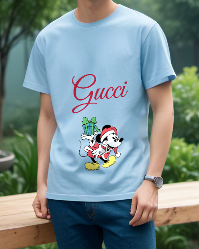 Sky Blue Santa Mouse With Gifts Graphic T-Shirt - styled view 1