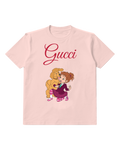 Blush Pink Girl With Curly Hair And Dog Graphic T-Shirt - front product view